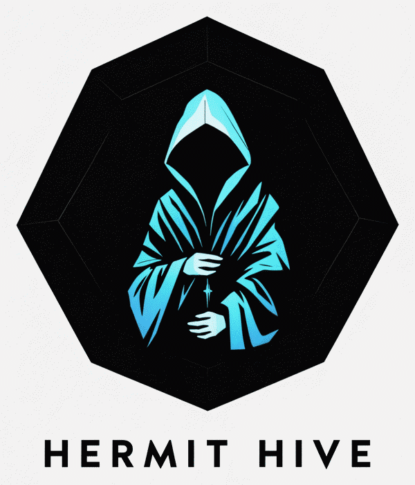 Hermit Hive-logo: een cyaan figuur met capuchon in een zwarte zeshoek